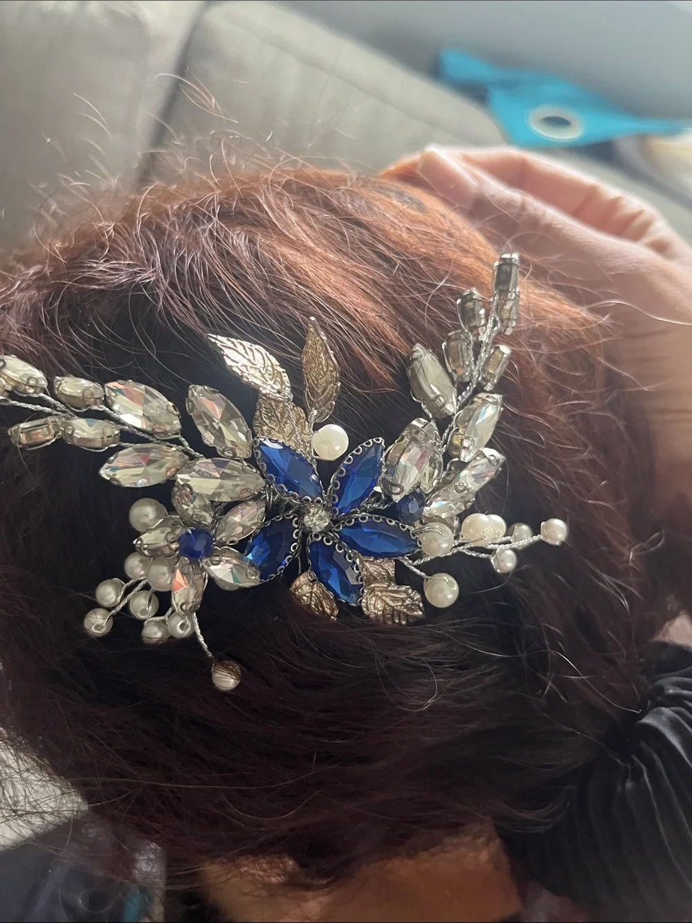 Pearl & Sapphire Blue Crystal Hair Comb